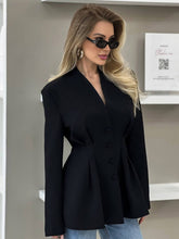 Aurohaya Women's Black Fitted Blazer Buttoned V-Neck Long Sleeve Elegant Office Jacket